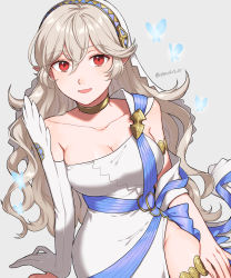 Rule 34 | 1girl, azura (fire emblem), azura (fire emblem) (cosplay), breasts, cleavage, corrin (female) (fire emblem), corrin (fire emblem), cosplay, dress, elbow gloves, fire emblem, fire emblem fates, fire emblem heroes, gloves, hair between eyes, hairband, highres, large breasts, long hair, nintendo, official alternate costume, open mouth, peach11 01, pointy ears, red eyes, smile, solo, twitter username, veil, white dress, white hair