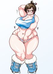 Rule 34 | 1girl, blush, breasts, brown eyes, brown hair, cleavage, covered erect nipples, fat, full body, glasses, grin, h-net15792, highres, huge breasts, mei (overwatch), navel, overwatch, overwatch 1, plump, smile, solo, standing, thick thighs, thighs, wide hips