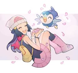 Rule 34 | 1girl, :d, backpack, bad id, bad twitter id, bag, beanie, black hair, black socks, blush, boots, bracelet, chinese commentary, closed eyes, commentary request, creatures (company), dawn (pokemon), eyelashes, game freak, gen 4 pokemon, hair ornament, hairclip, hat, highres, holding, jewelry, kneehighs, long hair, nintendo, open mouth, petals, pink footwear, pink scarf, piplup, pokemon, pokemon (anime), pokemon (creature), pokemon dppt (anime), rata (m40929), scarf, sleeveless, smile, socks, teeth, tongue, upper teeth only, white headwear, yellow bag, |d