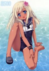Rule 34 | 10s, 1girl, :d, absurdres, barefoot, blonde hair, blue eyes, blush, carnelian, child, crocs, feet, flower, gradient background, hair flower, hair ornament, hibiscus, highres, kantai collection, knee up, one-piece swimsuit, open mouth, ro-500 (kancolle), school swimsuit, school uniform, serafuku, shoes, single shoe, sitting, smile, solo, swimsuit, tan, tanline, toes, water