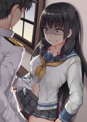 Rule 34 | 1boy, 1girl, admiral (kancolle), black hair, blue sailor collar, clenched teeth, commentary request, constricted pupils, gloves, grey skirt, hair ribbon, imminent rape, isokaze (kancolle), jack dempa, kantai collection, long hair, long sleeves, military, military uniform, naval uniform, neckerchief, pleated skirt, red ribbon, ribbon, sailor collar, school uniform, serafuku, short hair, skirt, teeth, torn clothes, tress ribbon, uniform, white gloves, yellow neckerchief