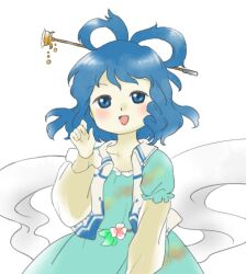 Rule 34 | 1girl, :d, blue dress, blue eyes, blue hair, collarbone, dress, flower, hair ornament, hair rings, hair stick, hand up, kaku seiga, leaf, long sleeves, nonamejd, official style, open clothes, open mouth, open vest, puffy sleeves, short hair, simple background, smile, solo, touhou, vest, white background, white vest, zun (style)