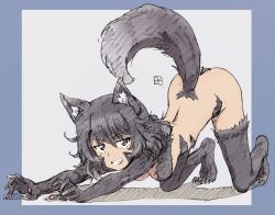 Rule 34 | 1girl, andou (girls und panzer), animal ears, animal hands, bad id, bad twitter id, black hair, black thighhighs, blue background, breasts, brown eyes, character request, check character, claws, dark-skinned female, dark skin, elbow gloves, erakin, full body, fur, girls und panzer, gloves, highres, kemonomimi mode, looking at viewer, medium breasts, medium hair, paw gloves, signature, smile, solo, tail, teeth, thighhighs, top-down bottom-up, two-tone background, white background