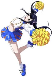 Rule 34 | 00s, 1girl, black hair, cheerleader, female focus, ikkitousen, jumping, long hair, looking at viewer, official art, saji genpou (true), shoes, twintails, white background, wink, yellow eyes