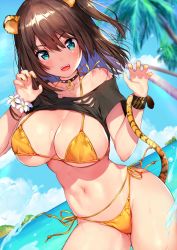 Rule 34 | 1girl, animal ears, aqua eyes, bikini, blurry, bracelet, breasts, brown hair, cat ears, cat tail, choker, claw pose, cleavage, clothes lift, commentary request, contrapposto, cowboy shot, day, depth of field, fangs, flower bracelet, horizon, jewelry, large breasts, looking at viewer, mataro (matarou), medium hair, nail polish, navel, one side up, open mouth, original, outdoors, shirt, shirt lift, side-tie bikini bottom, solo, standing, sweat, swimsuit, tail, tiger ears, tiger tail, torn clothes, torn shirt, v-shaped eyebrows, wristband, yellow bikini