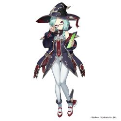 Rule 34 | 1girl, adjusting eyewear, alternate costume, alternate hairstyle, ash arms, belt, commentary request, full body, glasses, green hair, hat, highres, jacket, medium hair, official art, pantyhose, red eyes, scottie (phantom2), simple background, sleeveless, solo, white background, witch hat