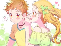 Rule 34 | !?, 1boy, 1girl, amai shirou, blonde hair, blush, bow, brown hair, closed mouth, collarbone, green bow, green shirt, hair bow, heart, highres, jewelry, kasugano urara (yes! precure 5), kyoutsuugengo, long hair, open mouth, pendant, precure, shirt, short hair, short sleeves, speech bubble, syrup (yes! precure 5), t-shirt, upper body, whispering in ear, white background, yellow eyes, yellow shirt, yes! precure 5, yes! precure 5 gogo!