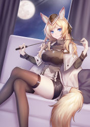 Rule 34 | 1girl, absurdres, animal ear fluff, animal ears, arknights, black headwear, black ribbon, blonde hair, blue eyes, breasts, cape, commentary request, couch, curtains, feet out of frame, full moon, grey shirt, hair ribbon, highres, horse ears, horse girl, horse tail, kirby d a, large breasts, crossed legs, long hair, long sleeves, moon, night, night sky, partial commentary, pillow, revision, ribbon, shirt, short eyebrows, sitting, sky, solo, tail, thick eyebrows, thighhighs, thighs, turtleneck, whislash (arknights), white cape