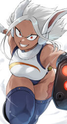 Rule 34 | 1girl, absurdres, animal ears, bare shoulders, boku no hero academia, breasts, crescent print, dark-skinned female, dark skin, fengling (furin-jp), fur collar, gloves, grin, highleg, highleg leotard, highres, large breasts, leotard, long eyelashes, looking at viewer, mechanical arms, mirko, official alternate hairstyle, parted bangs, rabbit ears, rabbit girl, red eyes, running towards viewer, scar, scar on leg, short hair, single mechanical arm, sleeveless turtleneck leotard, smile, solo, taut leotard, thick thighs, thighhighs, thighs, toned, v-shaped eyebrows, white gloves, white hair, white leotard