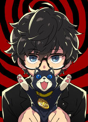 1boy amamiya_ren animal black-framed_eyewear black_background black_cat black_hair black_jacket blue_eyes cat collar commentary_request fangs glasses gold_necklace hair_between_eyes highres himukai_yuuji holding holding_animal holding_cat jacket jewelry male_focus messy_hair morgana_(cat)_(persona_5) morgana_(persona_5) necklace persona persona_5 persona_5_the_royal red_background school_uniform shirt short_hair shuujin_academy_school_uniform upper_body white_shirt yellow_collar