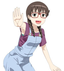Rule 34 | 10s, 1girl, armpits, bespectacled, bra, braid, brown eyes, brown hair, glasses, kyouno madoka, outstretched hand, overalls, rinne no lagrange, solo, twin braids, underwear, white background, yoshida keiji