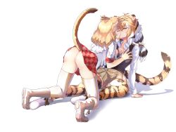 Rule 34 | 2girls, absurdres, ahoge, all fours, animal ear fluff, animal ears, animal print, anus, arched back, arm support, ass, asymmetrical docking, bare arms, black hair, blonde hair, blouse, blush, boots, bow, boy (pixiv17542438), grabbing another&#039;s breast, breast press, breasts, brown hair, brown skirt, buttons, cleavage, cleft of venus, closed eyes, collarbone, collared shirt, face-to-face, female focus, full body, furrowed brow, garter straps, gluteal fold, grabbing, groping, hair bow, half-closed eye, highres, kemono friends, kiss, large breasts, leaning back, leaning forward, lion (kemono friends), lion ears, lion tail, long hair, long sleeves, looking at another, low-tied long hair, multicolored hair, multiple girls, necktie, no panties, open clothes, open shirt, paw shoes, plaid, plaid skirt, plaid sleeves, print legwear, pussy, red skirt, shadow, shirt, short sleeves, siberian tiger (kemono friends), simple background, sitting, skirt, streaked hair, sweater vest, tail, tail raised, thighhighs, tiger ears, tiger print, tiger tail, twintails, unbuttoned, undone necktie, white background, white footwear, white hair, white legwear, white shirt, wing collar, yellow eyes, yuri
