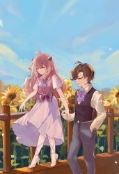Rule 34 | 1boy, 1girl, absurdres, aged up, ahoge, anya (spy x family), blue sky, bow, bowtie, brown hair, closed eyes, collared shirt, couple, damian desmond, dress, envi (crosscenturion), fence, field, flower, flower field, hairpods, hand in pocket, happy, hetero, high heels, highres, holding hands, long hair, long sleeves, pants, parted bangs, parted lips, pink hair, shin strap, shirt, short sleeves, sky, smile, spy x family, sunflower, sunflower field, sweatdrop, very long hair, vest, walking, white shirt, wooden fence, yellow eyes