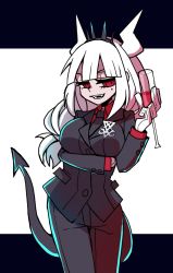 Rule 34 | 1girl, alcohol, arm under breasts, black jacket, black necktie, black pants, black tail, breasts, business suit, collared shirt, cup, demon girl, demon horns, demon tail, drinking glass, fangs, formal, gloves, hair ornament, helltaker, horns, iyuki (memeko), jacket, large breasts, long hair, looking to the side, lucifer (helltaker), mole, mole under eye, monster girl, necktie, neckwear request, open mouth, pants, red eyes, red shirt, ringed eyes, sharp teeth, shirt, simple background, solo, suit, tail, teeth, white gloves, white hair, white horns, wine, wine glass