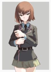 Rule 34 | 1girl, absurdres, black jacket, black necktie, border, brown eyes, brown hair, closed mouth, cowboy shot, dress shirt, girls und panzer, grey background, grey shirt, grey skirt, highres, jacket, long sleeves, looking at viewer, military, military uniform, miniskirt, necktie, niedersachsen military uniform, nishizumi maho, oritako, outside border, pleated skirt, shirt, short hair, simple background, skirt, smile, solo, standing, uniform, white border, wing collar