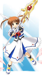 Rule 34 | 00s, 1girl, bow, eretto, fingerless gloves, gloves, lyrical nanoha, magazine (weapon), magical girl, mahou shoujo lyrical nanoha, mahou shoujo lyrical nanoha a&#039;s, raising heart, raising heart (buster mode), red bow, red hair, shoes, solo, takamachi nanoha, takamachi nanoha (sacred mode), twintails, winged footwear, wings