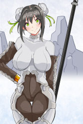 Rule 34 | 1girl, 41 (taskmaster41), absurdres, arm guards, black gloves, black hair, blush, bodysuit, breasts, bun cover, covered navel, double bun, elbow gloves, fate/grand order, fate (series), fingerless gloves, gloves, green eyes, green ribbon, hair bun, highres, jewelry, large breasts, looking at viewer, neck ring, polearm, qin liangyu (fate), ribbon, sidelocks, smile, spear, thighs, weapon, white bodysuit