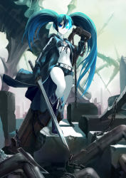 Rule 34 | 10s, 1girl, absurdres, bikini, bikini top only, black rock shooter, black rock shooter (character), blue eyes, blue hair, boots, chain, coat, female focus, full body, gloves, glowing, glowing eyes, highres, kogaken, long hair, matching hair/eyes, navel, ruins, scar, shorts, solo, swimsuit, sword, twintails, uneven twintails, weapon