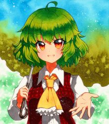 Rule 34 | 1girl, ahoge, ascot, bad id, bad pixiv id, blue background, buttons, collared shirt, dress shirt, green background, green hair, holding, holding umbrella, kazami yuuka, long sleeves, looking at viewer, multicolored background, open mouth, orange eyes, outstretched arm, outstretched hand, qqqrinkappp, red vest, shikishi, shirt, short hair, solo, touhou, traditional media, umbrella, upper body, vest, white shirt, yellow ascot