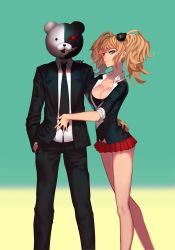 Rule 34 | 10s, 1boy, 1girl, bear hair ornament, black necktie, blonde hair, blue eyes, breasts, cleavage, closed mouth, collarbone, danganronpa: trigger happy havoc, danganronpa (series), enoshima junko, formal, hair ornament, hand in pocket, highres, humanization, large breasts, long sleeves, looking at viewer, microskirt, monokuma, nail polish, necktie, red nails, red skirt, school uniform, skirt, sleeves rolled up, smile, spoilers, suit, tianlluo, twintails