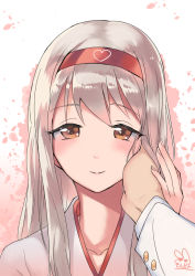 Rule 34 | 1girl, blush, brown eyes, collarbone, commentary, hairband, hand grab, hand on another&#039;s cheek, hand on another&#039;s face, heart, heart print, japanese clothes, kantai collection, kimono, long hair, long sleeves, pov, red hairband, sensen, shoukaku (kancolle), signature, silver hair, solo focus, two-tone background, upper body, white kimono