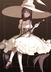 Rule 34 | 1girl, absurdly long hair, bad id, bad pixiv id, blue eyes, breasts, brown background, brown hair, commentary request, corset, crossed legs, detached sleeves, dress, earrings, frilled dress, frills, hat, high heels, highres, holding, holding staff, jewelry, long hair, looking at viewer, medium breasts, original, puffy detached sleeves, puffy sleeves, sitting, smile, solo, staff, tsuki-shigure, very long hair, white dress, witch, witch hat