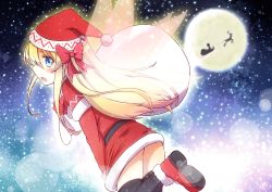 Rule 34 | 1girl, blonde hair, blue eyes, boots, bow, christmas, dress, fairy, female focus, gloves, hair bow, hat, lily white, long hair, open mouth, sack, santa costume, santa hat, solo, thighhighs, touhou, wings, yutamaro