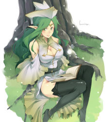 Rule 34 | 1girl, against tree, anklet, black thighhighs, blush, book, boots, bracelet, breasts, circlet, cleavage, cleavage cutout, clothing cutout, elbow gloves, face, fantasy, gloves, green eyes, green hair, hat, jewelry, kyo (kuroichigo), large breasts, long hair, matching hair/eyes, original, pointy ears, sitting, smile, solo, thigh boots, thighhighs, tree, zettai ryouiki