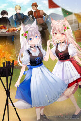 Rule 34 | 2girls, 3boys, :d, abs, animal ear fluff, animal ears, apple, apron, bare shoulders, basket, belt, belt buckle, black belt, black cloak, black footwear, black hair, black pants, blonde hair, blue eyes, blue jacket, blue skirt, blue sky, blurry, blurry background, blurry foreground, blush, boots, breasts, brown footwear, buckle, cloak, closed eyes, closed mouth, cloud, cloudy sky, collarbone, commentary request, commission, copyright request, covered collarbone, crop top, cross-laced footwear, cup, day, depth of field, fire, flower, food, fox ears, fruit, grapes, green eyes, grey hair, grin, hair between eyes, hair flower, hair ornament, hand up, highres, holding, holding cup, holding hands, jacket, lace-up boots, long hair, midriff, mountain, mug, multicolored hair, multiple boys, multiple girls, myusha, navel, open mouth, outdoors, pants, pennant, pink flower, puffy short sleeves, puffy sleeves, red apple, red eyes, red hair, red shirt, red skirt, shirt, shoes, short sleeves, sitting, skirt, sky, small breasts, smile, standing, standing on one leg, streaked hair, string of flags, table, turkey (food), very long hair, waist apron, white apron, white shirt