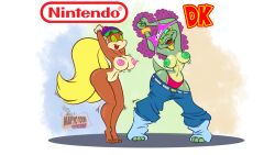 Rule 34 | 2girls, afro, ape, artist name, ass, blonde hair, bracelet, breasts, colored skin, curvy, dancing, donkey kong (series), donkey kong barrel blast, feet, gold choker, green skin, highres, hypnosis, jewelry, kalypso, large breasts, long hair, mind control, monkey girl, multiple girls, nafyotoons, navel, nintendo, nipples, nude, panties, purple hair, reptile girl, shiny skin, skindentation, smile, tail, tiny kong, toes, twintails, underwear, undressing, very long hair, wide hips