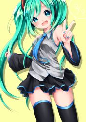 Rule 34 | 1girl, akira ry0, aqua eyes, aqua hair, bad id, bad pixiv id, cowboy shot, dated, detached sleeves, hatsune miku, long hair, nail polish, necktie, skirt, solo, thighhighs, twintails, twintails day, v, very long hair, vocaloid, yellow background