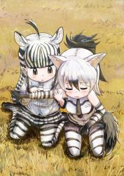 Rule 34 | 2girls, aardwolf (kemono friends), aardwolf print, ahoge, animal ears, animal print, bare shoulders, between legs, black hair, black shorts, blunt bangs, blush, boots, brown eyes, chibi, closed eyes, counting, cutoffs, day, elbow gloves, extra ears, from above, fuji takanasu, full body, gloves, hair between eyes, hand between legs, hand on another&#039;s arm, high ponytail, highres, implied masturbation, kemono friends, long hair, long sleeves, looking at another, miniskirt, multicolored hair, multiple girls, necktie, open mouth, outdoors, outstretched arm, pantyhose, plains zebra (kemono friends), print gloves, print legwear, print neckwear, print shirt, print skirt, shirt, short shorts, shorts, sidelocks, sitting, skirt, sleeveless, sleeveless shirt, smile, streaked hair, tail, two-tone hair, wavy mouth, white hair, white shirt, zebra ears, zebra girl, zebra print