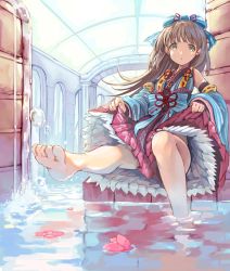 Rule 34 | 10s, 1girl, :o, aonaga heri, barefoot, bow, brown eyes, brown hair, detached sleeves, feet, flood, flower, foreshortening, hair bow, hallway, idolmaster, idolmaster cinderella girls, idolmaster cinderella girls starlight stage, indoors, japanese clothes, long hair, looking at viewer, outstretched leg, pink skirt, pleated skirt, sash, sitting, skirt, skirt hold, sleeveless, soaking feet, solo, toes, very long hair, water, yorita yoshino