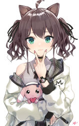 Rule 34 | 1girl, absurdres, ahoge, animal ears, aqua eyes, black choker, black ribbon, blush, brown hair, cat ears, choker, closed mouth, collared shirt, commentary request, eyelashes, flat chest, grey shirt, hair between eyes, hair ribbon, heart, heart choker, highres, holding, holding stuffed toy, hololive, jacket, kemonomimi mode, lace trim, lips, long sleeves, looking at viewer, medium hair, nail polish, natsuiro matsuri, natsuiro matsuri (casual), off shoulder, official alternate costume, pink nails, plaid, ribbon, shirt, signature, simple background, sleeveless, sleeveless shirt, smile, solo, stuffed animal, stuffed rabbit, stuffed toy, takenoko no you, teardrop, twintails, two-sided fabric, two-sided jacket, upper body, v, v over mouth, virtual youtuber, watch, wavy hair, white background, white jacket, wing collar, wristwatch
