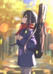 Rule 34 | 1girl, artist name, black hair, blue coat, brown eyes, coat, commentary request, commission, highres, k-on!, leaf, long hair, long sleeves, looking up, nakano azusa, outdoors, red scarf, scarf, skeb commission, solo, standing, tree, twintails, umiroku