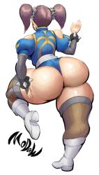 Rule 34 | 1girl, artist name, ass, boots, brown hair, capcom, chun-li, from behind, highres, huge ass, juliet sleeves, leg up, leotard, long hair, long sleeves, modaw, puffy sleeves, solo, spikes, street fighter, thick thighs, thighhighs, thighs, twintails, white background, wide hips