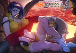Rule 34 | 1girl, alcohol, beer, boots, breasts, cigarette, cigarette pack, cleavage, cockpit, cowboy bebop, cup, drinking glass, faye valentine, green eyes, gun, hairband, handgun, high heel boots, high heels, holding, large breasts, purple hair, science fiction, shirt, short hair, shorts, sitting, solo, spacecraft, thighhighs, weapon, xong, yellow shirt, yellow shorts