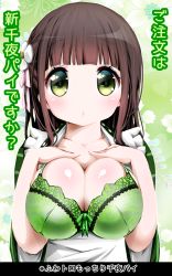 Rule 34 | 1girl, absurdres, ama usa an uniform, apron, blunt bangs, blush, bow, bow bra, bra, breasts, breasts out, brown hair, closed mouth, collarbone, floral background, flower, gochuumon wa usagi desu ka?, green background, green bra, green eyes, green kimono, hair flower, hair ornament, hands on own chest, highres, japanese clothes, kimono, lace, lace-trimmed bra, lace trim, large breasts, long hair, long sleeves, looking at viewer, maid apron, open clothes, open kimono, pink ribbon, ribbon, solo, striped clothes, striped kimono, translated, ujimatsu chiya, underwear, upper body, white apron, white flower, wide sleeves, zebrablack