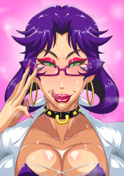 1girl blush breasts breath cleavage collar earrings eyeshadow female_focus glasses green_eyes highres hoop_earrings jewelry large_breasts licking_lips lipstick looking_at_viewer makeup nail_polish naughty_face original purple_hair saliva solo sweat tongue tongue_out zxcv_(pixiv3783098)