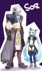 Rule 34 | 1boy, 1girl, animal ears, arms at sides, arms behind back, arumat p. thanatos, blue hair, blue thighhighs, boots, cape, cat ears, cat tail, choker, coat, copyright name, doraeshi, ear covers, full body, gloves, green eyes, headband, height difference, knee boots, long hair, meracle chamlotte, messy hair, midriff, muscular, navel, pants, purple background, scar, serious, sidelocks, size difference, star ocean, star ocean the last hope, stirrup legwear, tail, thighhighs, toeless legwear, twintails, white hair