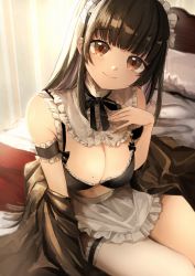 Rule 34 | 1girl, absurdres, akebisousaku, apron, bed, bikini, black hair, black ribbon, blush, breasts, brown hair, closed mouth, hair ornament, hairband, highres, large breasts, long hair, looking at viewer, maid, maid apron, maid bikini, moe2021, navel, original, pillow, ribbon, seiza, simple background, sitting, skirt, smile, solo, swimsuit, unconventional maid
