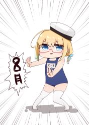 Rule 34 | 1girl, bare arms, bare shoulders, beret, blonde hair, blue eyes, blue hair, blue one-piece swimsuit, character name, emphasis lines, glasses, gradient hair, hair between eyes, hat, highres, i-8 (kancolle), i.u.y, kantai collection, multicolored hair, name tag, old school swimsuit, one-piece swimsuit, outstretched arms, parted lips, red-framed eyewear, school swimsuit, semi-rimless eyewear, shaded face, solo, standing, swimsuit, thighhighs, tilted headwear, under-rim eyewear, white background, white hat, white thighhighs