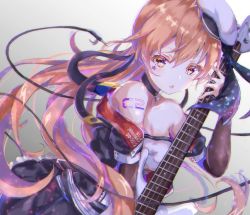 Rule 34 | 1girl, alternate costume, alternate hairstyle, bare shoulders, bass guitar, black footwear, black gloves, black legwear, black skirt, boots, breasts, brown eyes, cable, choker, collarbone, dress, elbow gloves, electric guitar, fingerless gloves, full body, gloves, guitar, hair ornament, hair ribbon, highres, holding, holding instrument, idol, instrument, johnston (kancolle), kantai collection, light brown hair, long hair, medium breasts, off-shoulder dress, off shoulder, pleated skirt, ribbon, sa-ya2, shirt, side ponytail, single elbow glove, single glove, skirt, solo, two side up