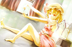 Rule 34 | 1girl, ascot, asmind, bad id, bad pixiv id, bare legs, barefoot, blonde hair, bow, feet, flandre scarlet, gedou (shigure seishin), hat, hat bow, highres, indoors, lamp, nail polish, outstretched arms, red eyes, short hair, side ponytail, sitting, skirt, skirt set, solo, spread toes, toes, touhou, wings