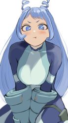 Rule 34 | 1girl, absurdres, angry, antenna hair, blue eyes, blue hair, blush, boku no hero academia, breasts squeezed together, breasts, collarbone, fengling (furin-jp), hadou nejire, highres, large breasts, long hair, looking at viewer, pout, simple background, skin tight, solo, white background