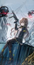 Rule 34 | 1girl, :/, absurdres, air conditioner, barbed wire, black pantyhose, brown hair, building, commission, drone, flat chest, girls&#039; frontline, gun, h&amp;k ump, h&amp;k ump, hair between eyes, highres, holding, holding gun, holding weapon, jacket, long hair, looking at viewer, mrr 05, one side up, pantyhose, pixiv commission, rain, scar, scar across eye, scar on face, shipping container, shirt, sidelocks, sitting, solo, submachine gun, transmission tower, ump45 (girls&#039; frontline), unzipped, weapon, white shirt, yellow eyes