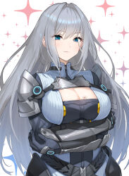 Rule 34 | 1girl, absurdres, arm guards, armor, belt, blue eyes, blush, bodysuit, breast tattoo, breasts, cleavage, cleavage cutout, clothing cutout, commission, ethel (xenoblade), faulds, fixed, green322, grey bodysuit, grey hair, hair intakes, highres, large breasts, long hair, long sleeves, looking at viewer, pauldrons, shoulder armor, skeb commission, solo, sparkle, tattoo, white background, xenoblade chronicles (series), xenoblade chronicles 3