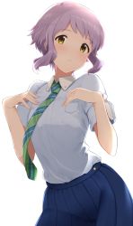 Rule 34 | absurdres, blue shirt, blue skirt, blush, breasts, commentary request, expressionless, hands on own chest, high heels, highres, homco, idolmaster, idolmaster million live!, looking at viewer, makabe mizuki, necktie, pleated skirt, purple hair, shirt, short hair, short sleeves, sidelocks, skirt, small breasts, solo, wavy hair, white background, wing collar, yellow eyes