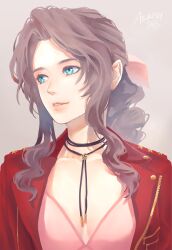 Rule 34 | 1girl, aerith gainsborough, aqua eyes, braid, braided ponytail, breasts, brown hair, character name, choker, cleavage, demi co, dress, final fantasy, final fantasy vii, final fantasy vii remake, flower choker, grey background, hair ribbon, highres, jacket, long hair, looking to the side, medium breasts, parted bangs, parted lips, pink dress, pink ribbon, red jacket, ribbon, sidelocks, smile, solo, upper body, wavy hair