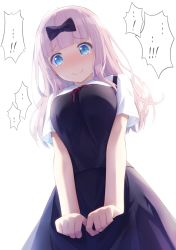 Rule 34 | ..., 1girl, black bow, black dress, blue eyes, blunt bangs, blush, bow, breasts, breasts squeezed together, closed mouth, commentary request, dress, embarrassed, from below, fujiwara chika, goribote, hair bow, ijimeka (meme), kaguya-sama wa kokurasetai ~tensai-tachi no renai zunousen~, large breasts, long hair, looking down, meme, nervous smile, nose blush, pinafore dress, pink hair, revision, school uniform, short sleeves, shuuchiin academy school uniform, skirt hold, sleeveless dress, smile, solo, speech bubble, tareme, tearing up, tears, wavy mouth, white background